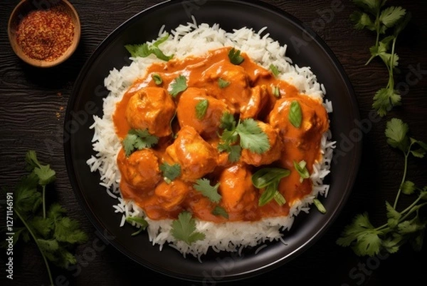 Fototapeta Top view of homemade Indian butter chicken with rice on a plate captured from above