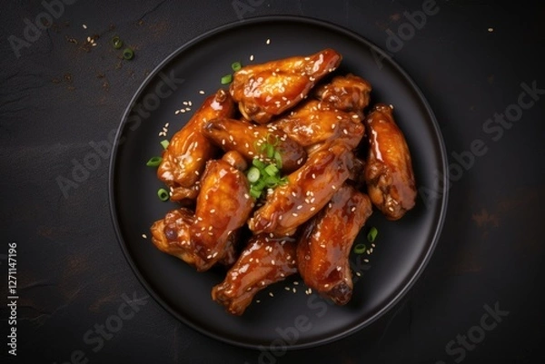 Fototapeta Top view of honey soy chicken wings on a dark stone plate