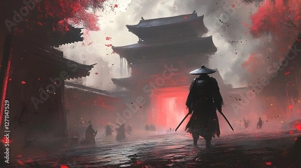 Fototapeta Futuristic Samurai Warrior in Battle Worn Ancient Temple Sci Fi Scene