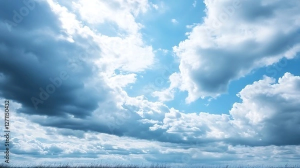 Fototapeta Dramatic Blue Sky with Wispy Clouds Over an Open Field Capturing the Essence of Freedom and Nature : Generative AI