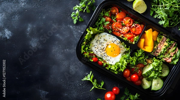 Obraz School lunch box with full meal top view with copy space 