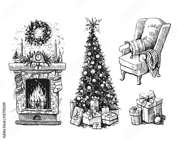 Obraz christmas tree and fireplace