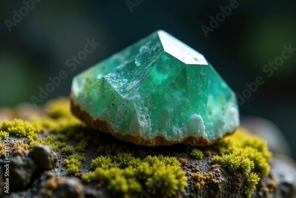 Fototapeta Raw Aventurine Crystal sits atop moss and lichen, crystal formation, geological, gemstone