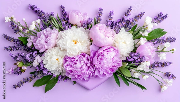 Fototapeta Colorful peony and lavender arrangement on plain background for festive occasions