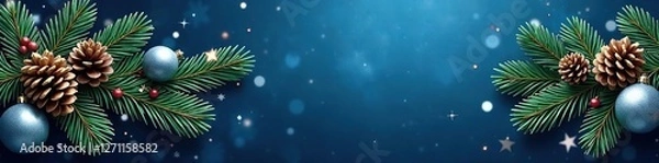 Obraz Sparkling garland of pinecones and silver balls against a dark blue background with subtle snowflakes, blue, frosty