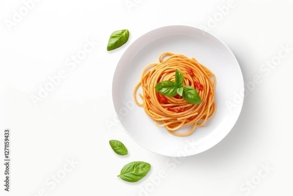 Fototapeta Top view of spaghetti or pasta with tomato sauce fresh basil on a white plate isolated fork