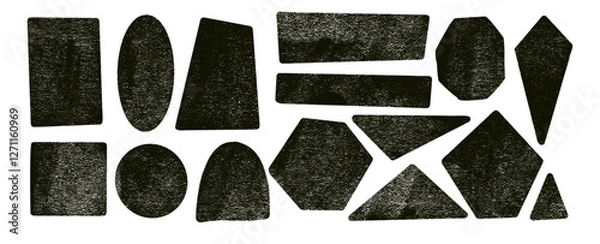 Fototapeta Ink lino rolled geometric shapes with noise set. Text boxes grainy textured frames pack. Rhombus, pentagon with hexagon, octagon. Vector hand drawn quotation stickers shapes. Grunge geometric figures.