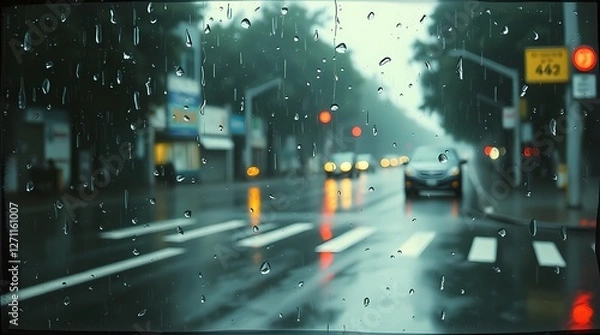 Fototapeta Wet rainy scene depicting drizzling rain and reflective surfaces. The image incorporates a dusty, scratched, scanned old film texture with added retro toning photo effects