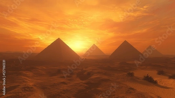 Fototapeta Pyramids of Giza at sunset, with golden sands stretching endlessly under a fiery orange sky.