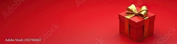 Fototapeta Gold bow and ribbon wrapped around a single red gift box, present, ribbon