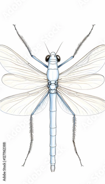 Fototapeta Dragonfly resting, top-down detailed view on white, perfect for educational use