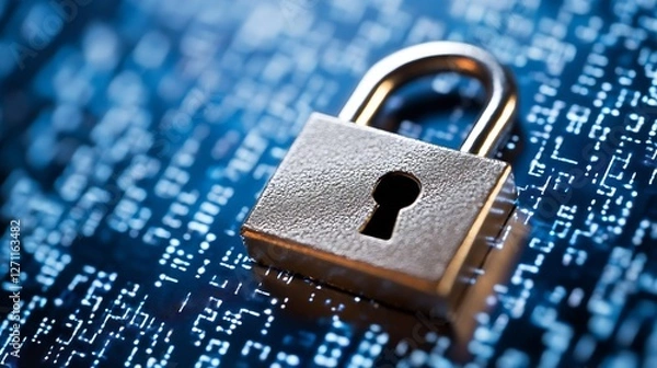 Fototapeta A highly detailed closeup shot of a metallic padlock on a digital background representing security and encryption : Generative AI