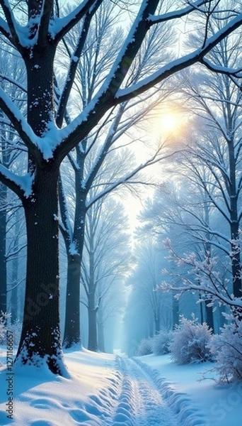 Fototapeta Snowy linden tree branches stretching towards the sky, frozen forest, snowflakes gently falling