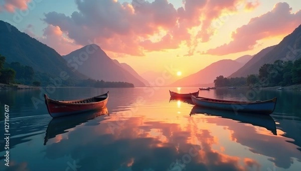 Obraz Boats on Umngot River Dawki with reflected sky, reflection, water