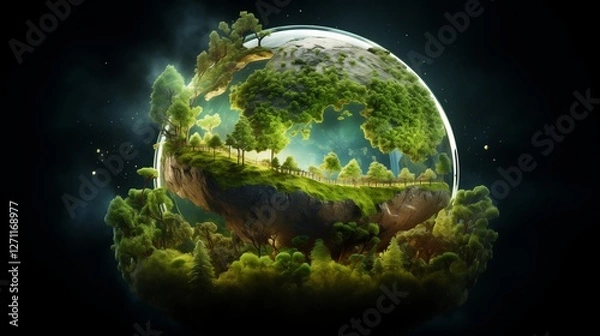 Obraz A glowing green Earth surrounded by trees and nature, representing ecological balance and conservation.