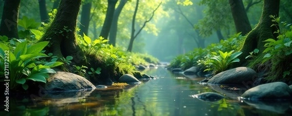 Fototapeta Aquatic plants and stones in a serene swamp environment, river, swamp