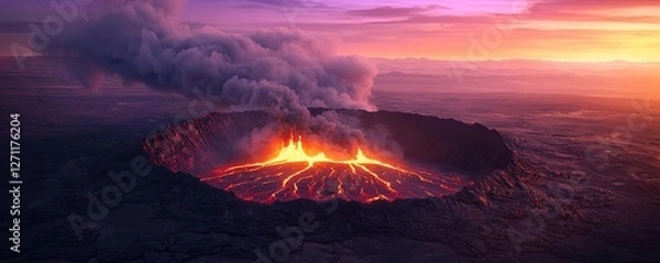 Fototapeta Volcanic landscapes idea. A stunning view of an erupting volcano under a colorful twilight sky.