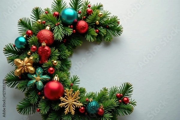 Fototapeta Colorful tinsel and ornaments on a seasonal evergreen wreath, season, wreath