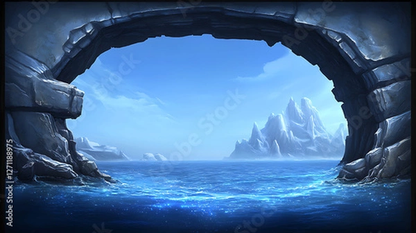 Fototapeta Coastal Cave Opening View to Distant Ice Mountains Scenic Landscape Fantasy Art
