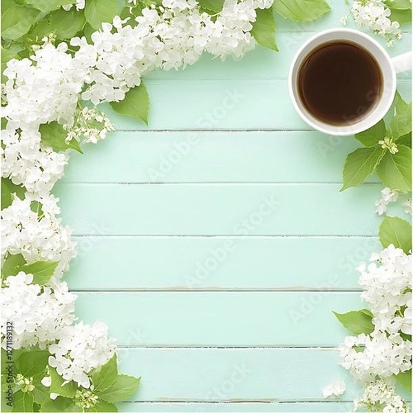 Fototapeta Coffee Break with White Flowers on Pastel Table Top a Relaxing Moment of Serenity and Calmness