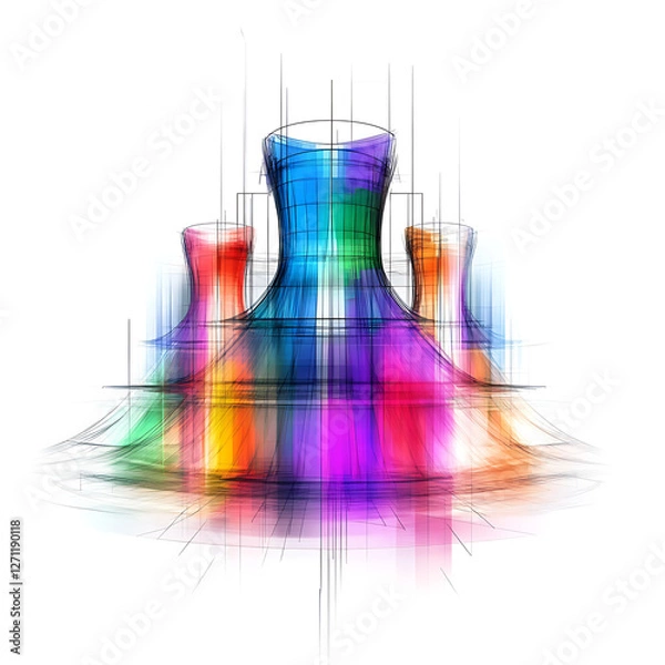 Fototapeta Colorful Abstract Nuclear Cooling Tower Structures Against White Backdrop Illustration