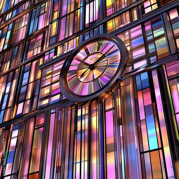 Fototapeta Colorful Facade with Clock Roman Numerals Artistic Timepiece Urban Architecture Rendered Image