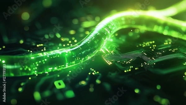 Obraz Glowing Fiber Optics Cable Flows on Circuit Board, Illuminating Technology's Future Brilliantly