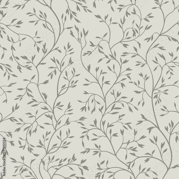 Fototapeta Seamless pattern with small leaves on winding branches. Vector illustration. Gray.