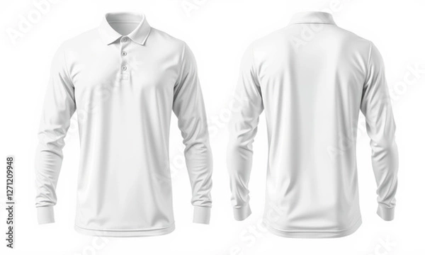Fototapeta plain white long sleeve polo shirt mockup showcasing front and back views, perfect for design presentations and apparel branding