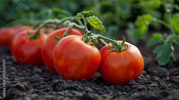Obraz Close up of ripe tomatoes growing on soil. HD 8K ramzan wallpaper Photographic Image