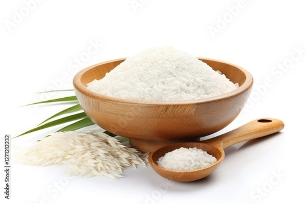 Fototapeta White flour and rice in a wooden bowl isolated on white background