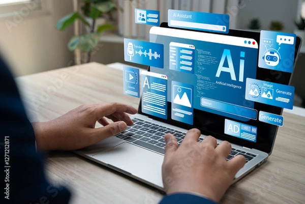 Fototapeta Businessman use artificial intelligence AI technology for enhanced work efficiency data analysis and efficient tools, Unlocking work potential with AI solutions chatbot help solve work problems.