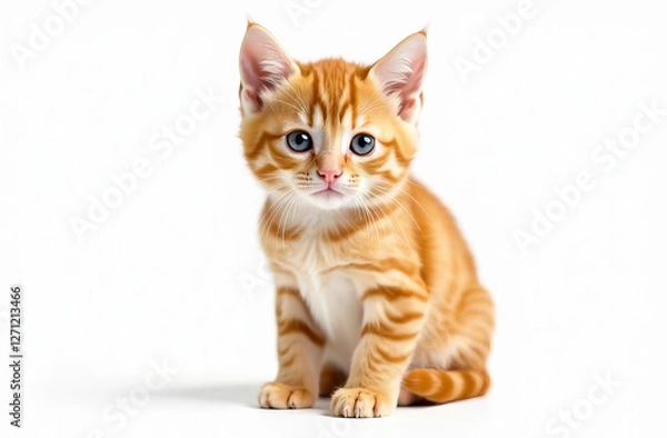 Fototapeta Little ginger kitten on a white background. The animal is looking at the camera.
