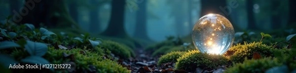 Fototapeta Crystal ball glowing softly on a misty forest floor, nature, glow