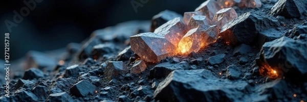 Fototapeta Shimmering gray crystals embedded in a matrix of dark stone, rock formation, ornate, crystal