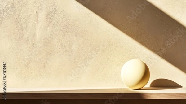 Fototapeta Minimalist Composition with Sphere on Wooden Shelf and Sunlight Pattern