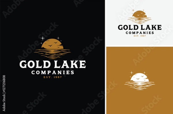 Fototapeta Sea Water Wave at night with Moon or Lake Ripple at Sunset with stars and birds silhouettes for nature ocean scenic logo design