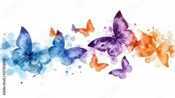 Fototapeta Butterfly illustration set with blue, purple, and orange tones, detailed wings on a clean white background