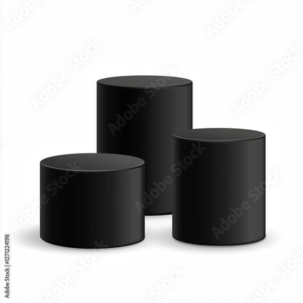 Fototapeta A realistic illustration of three black cylindrical podiums of varying heights, matte finish, arranged on white background, minimalist and modern design.