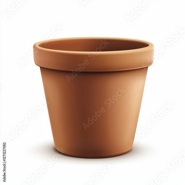 Fototapeta A realistic terracotta clay flower pot with a smooth surface, tapered shape, and rolled rim, isolated on a clean white background with perfect lighting.
