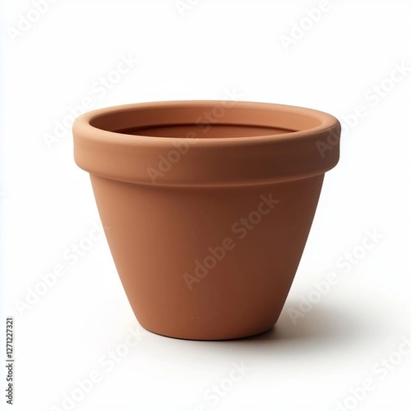 Fototapeta A realistic terracotta clay flower pot with a smooth surface, tapered shape, and rolled rim, isolated on a clean white background with perfect lighting.