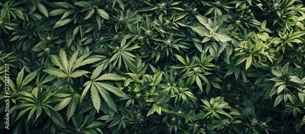 Fototapeta Overhead view capturing a dense field of marijuana plants in natural light