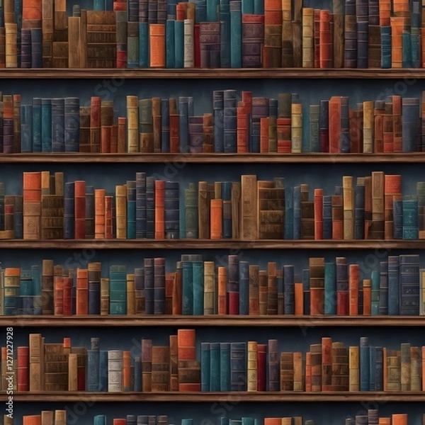 Fototapeta Digital matte painting with a pattern with books stacked in a bookcase.