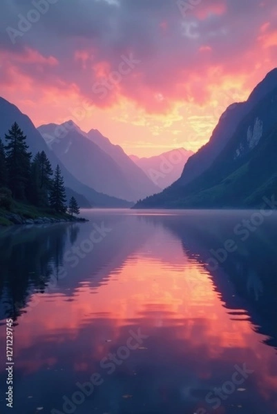 Fototapeta Serene lake at dusk with misty mountains and sunset colors, peaceful, calm