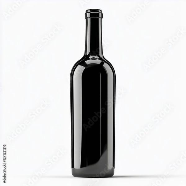 Fototapeta A sleek elegant black wine bottle smooth glossy surface minimalist design black foil capsule no label front-facing pure white background.