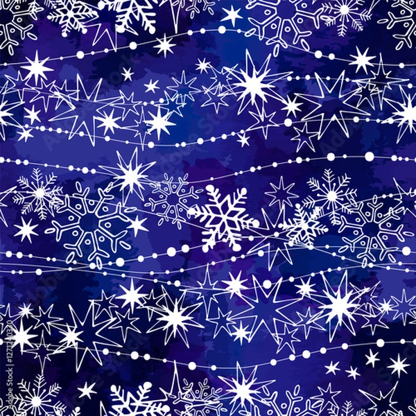 Fototapeta Beautiful white cute  snowflakes on a blue vivid background. Seamless winter pattern. Vector image illustration.