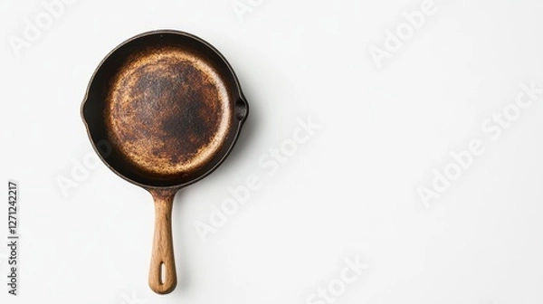 Fototapeta Worn Cast Iron Pan on White Background with Ample Copy Space