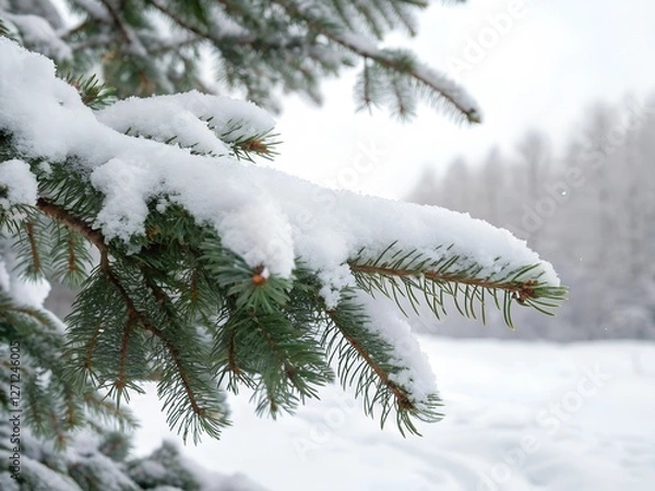 Fototapeta  Snowy Pine Tree Branch on White Background