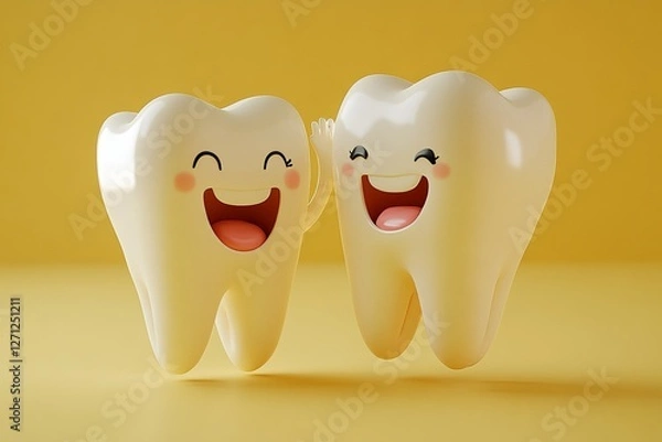 Fototapeta Cartoon molar teeth celebrating with a high-five in a bright and cheerful setting. Generative AI