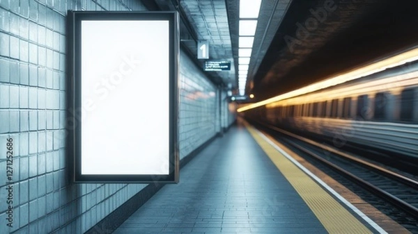 Fototapeta Blank Advertising Billboard Mockup in Subway Station Platform with Train Passing by